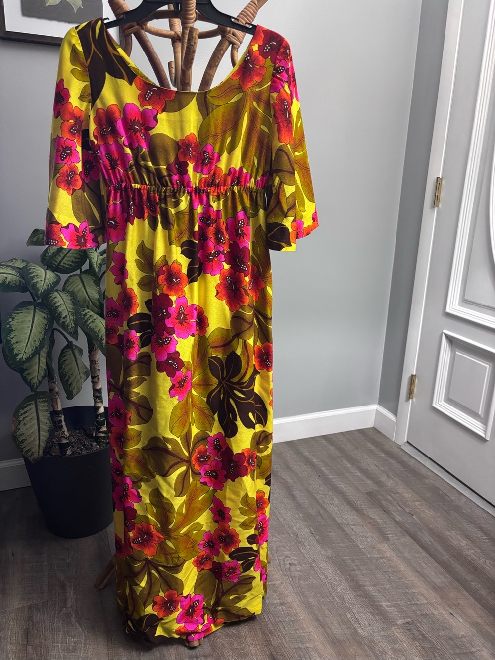 Vintage Hawaiian Yellow Floral Maxi Dress with Pink Accents made in Honolulu